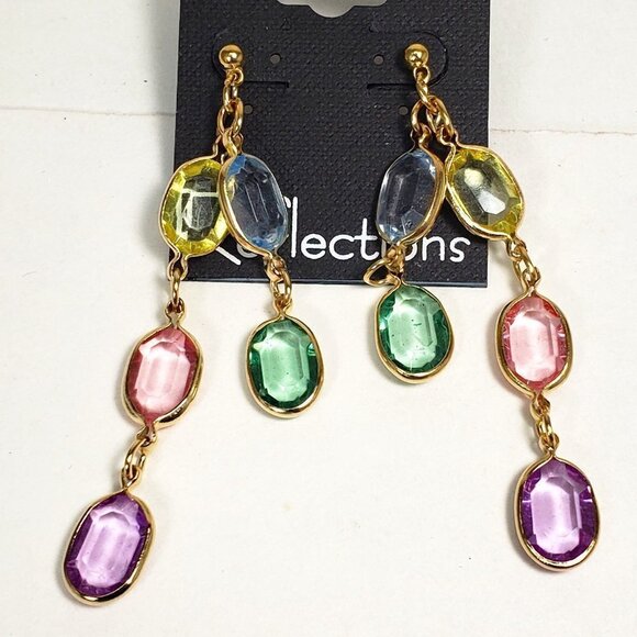 Gold tone Chain Drop Earrings Multicolor Crystal Dangles Stylish Women's Jewelry - Picture 3 of 8